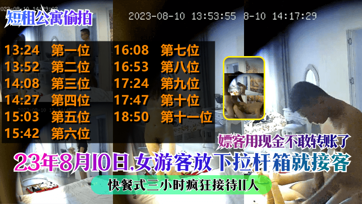 【短租公寓偷拍】23年8月10日，女游客放下拉杆箱就接客，快餐式三小时疯狂接待11人，嫖客用现金不敢转账了！